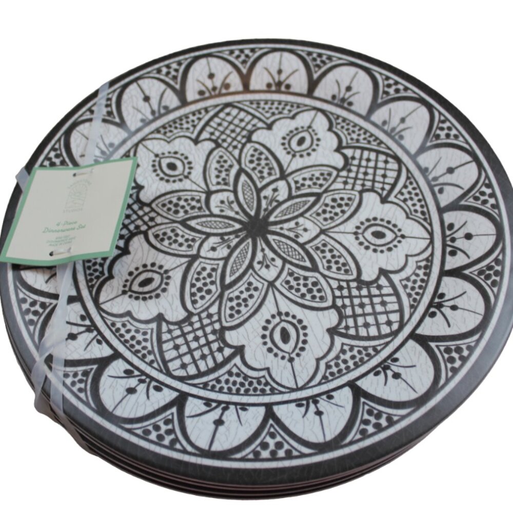 Sandstone Studios Melamine Dinner Plates Set of 4 Brown White Flower Mosaic NWT
